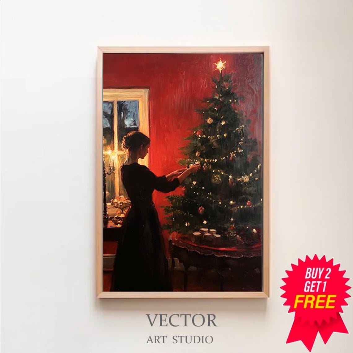 Victorian Woman Decorating Star Topped Christmas Tree Poster