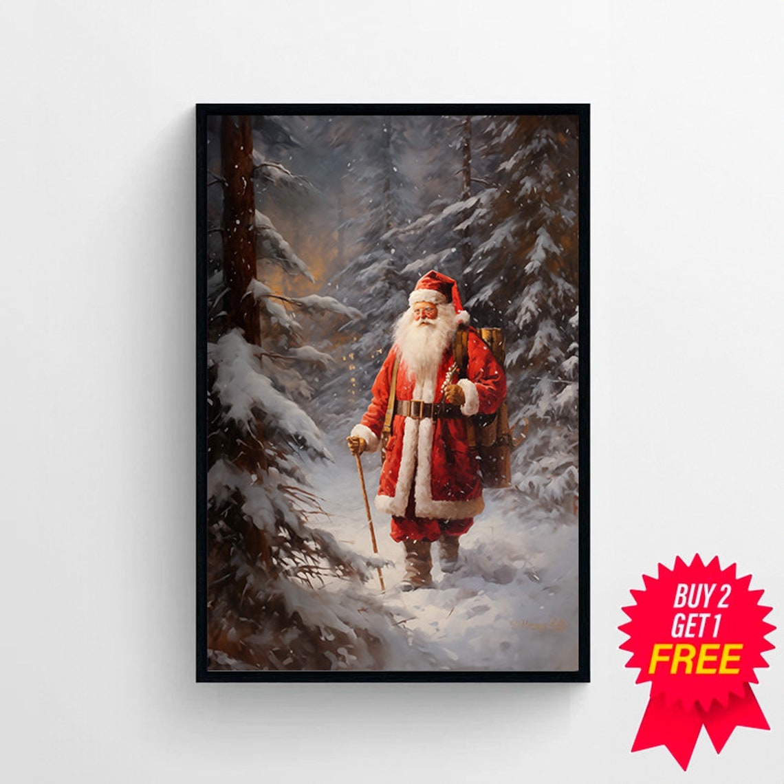 Santa Claus Hiking with a Backpack Through Snowy Pines Poster - Image 4