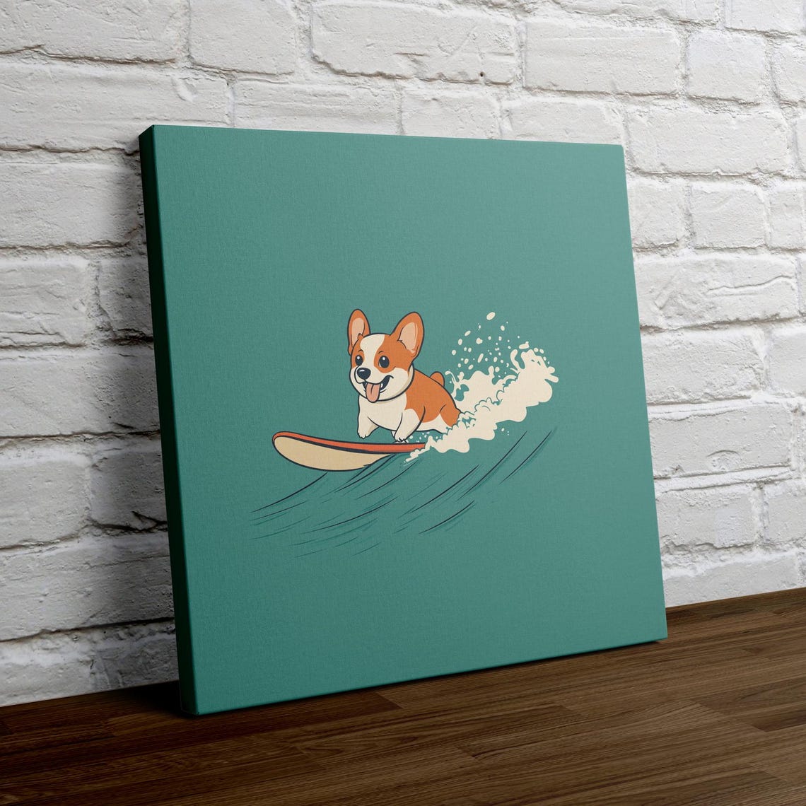 Corgi Surfer Cartoon Dog Riding an Ocean Wave on Teal Poster - Image 4
