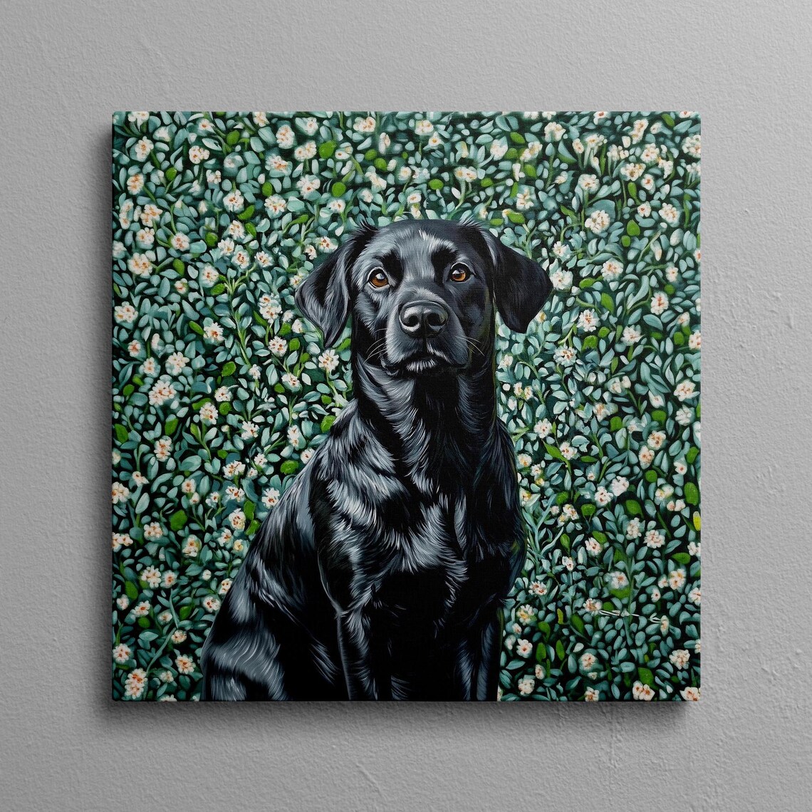 Black Lab Floral Portrait Dog Painting Green Flowers Wall Art