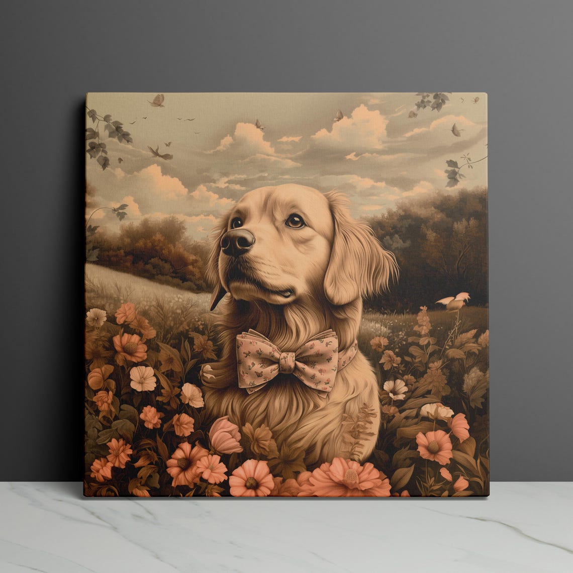 Golden Retriever With Bow Tie in a Flower Field Vintage Poster - Image 3