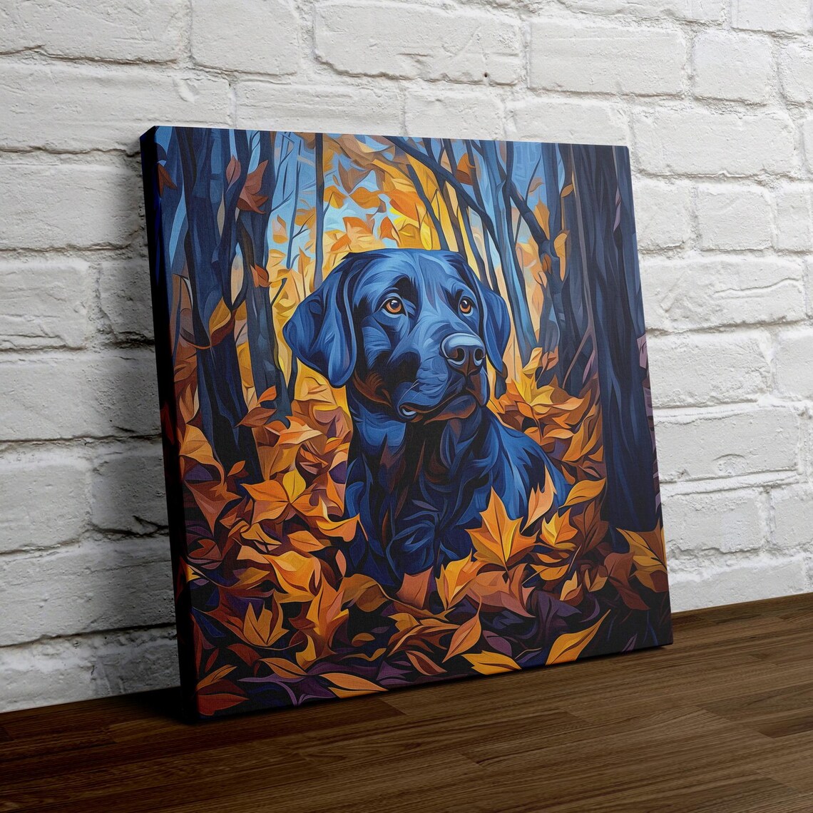 Black Labrador in Autumn Leaves Fall Painting Dog Art Poster - Image 4