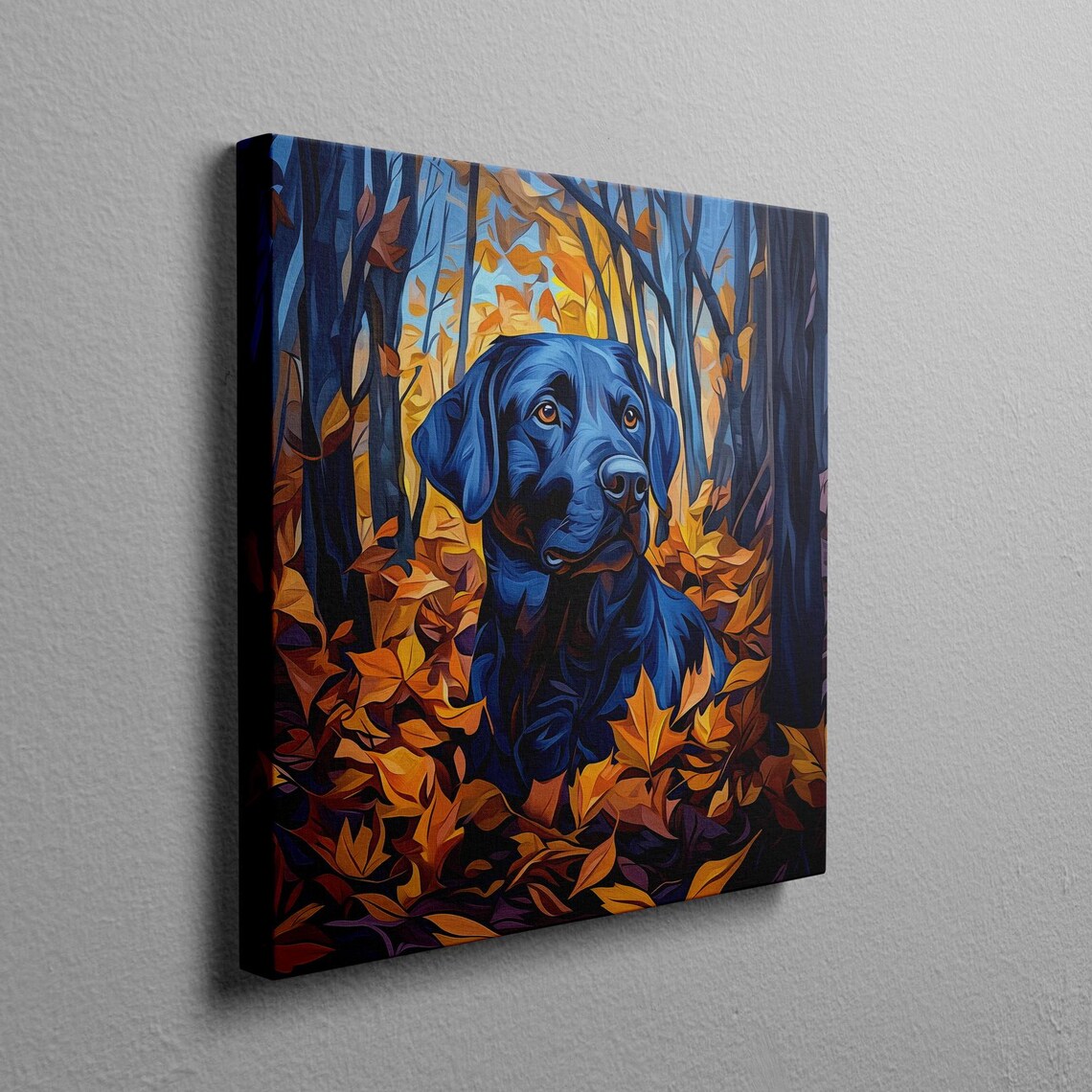 Black Labrador in Autumn Leaves Fall Painting Dog Art Poster - Image 2