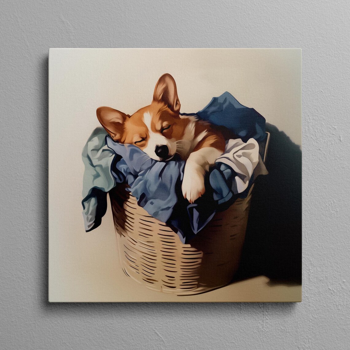 Corgi Laundry Room Art Print, Sleeping in Basket