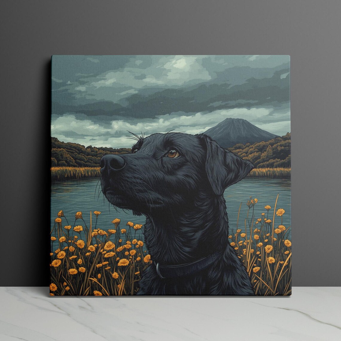 Black Lab by a Mountain Lake in Yellow Flowers Scenic Poster - Image 3