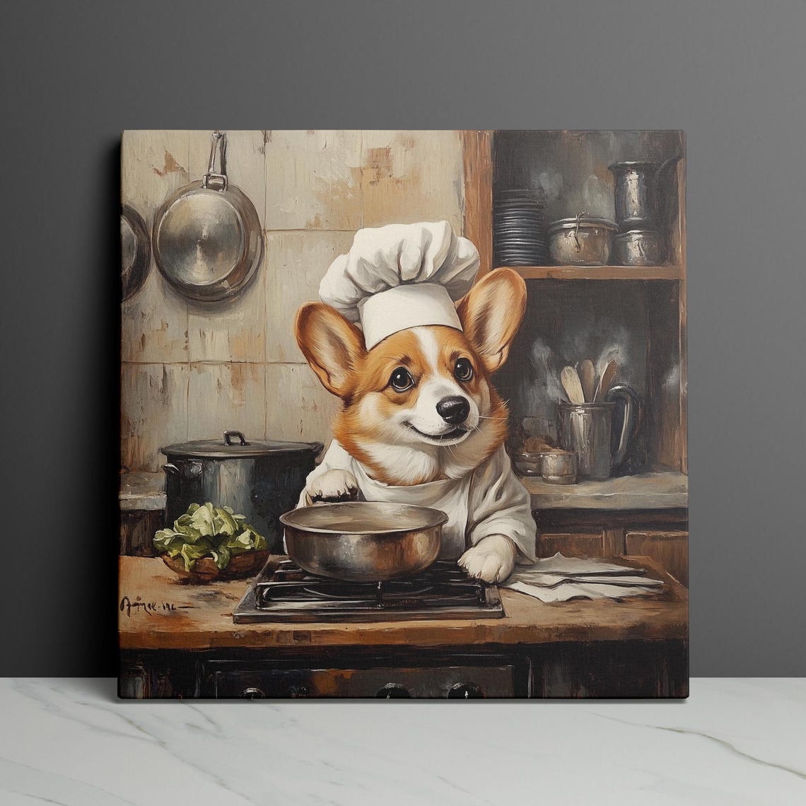 Corgi Chef Portrait Wearing a Chef Hat in Rustic Kitchen Poster - Image 3