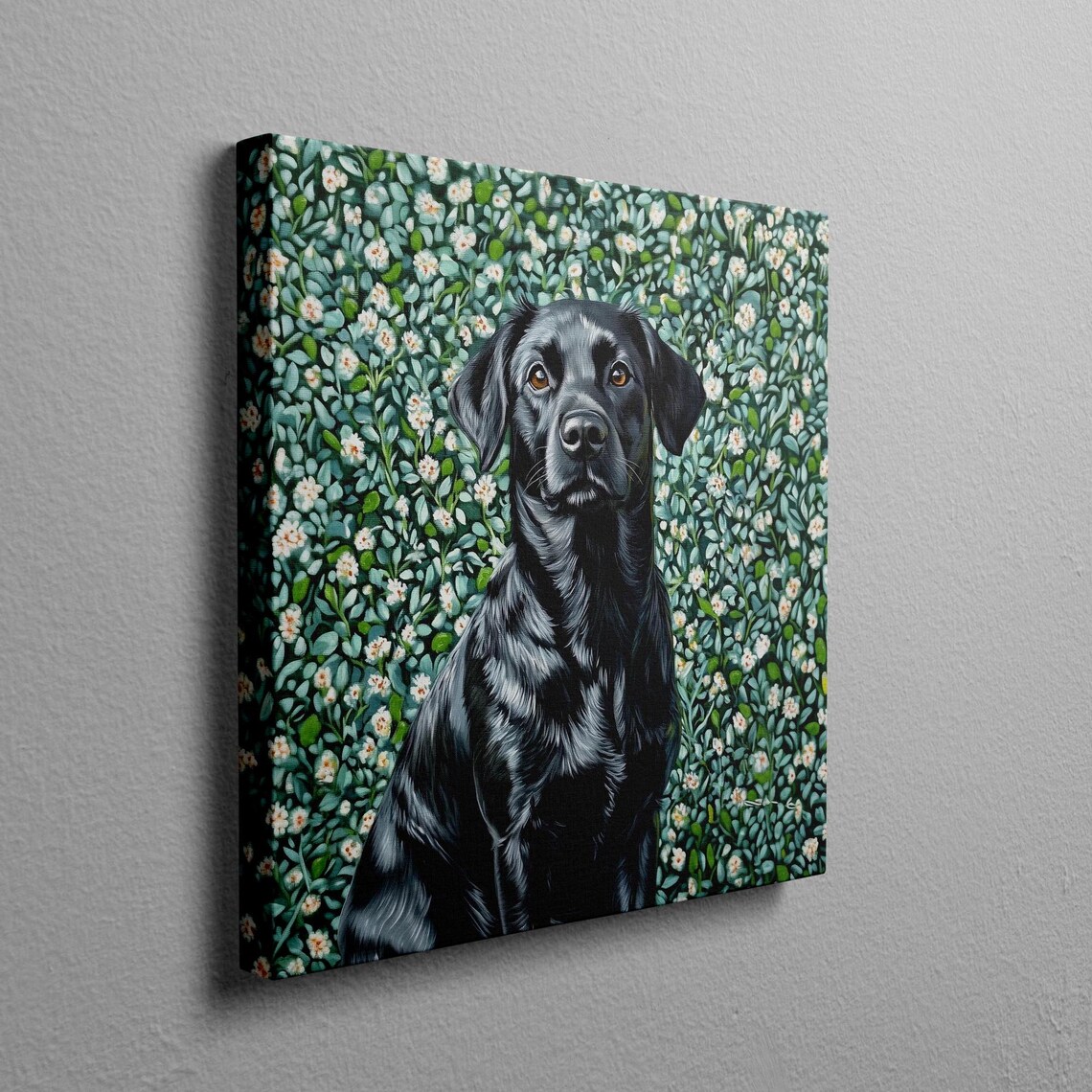 Black Lab Floral Portrait Dog Painting Green Flowers Wall Art - Image 2