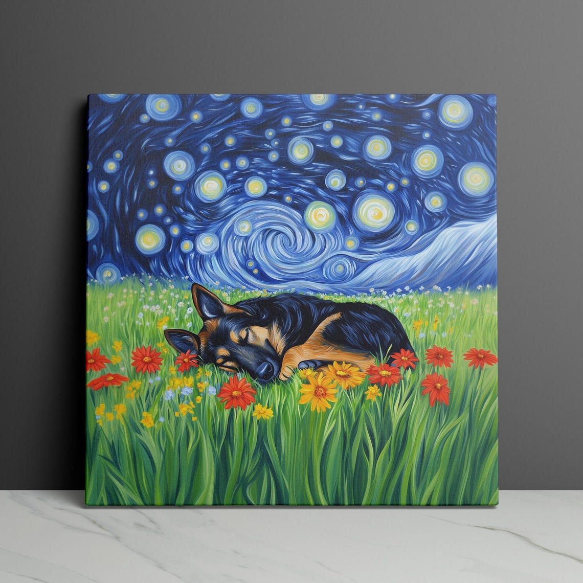 German Shepherd Sleeping in Starry Night Flower Field Wall Art - Image 3