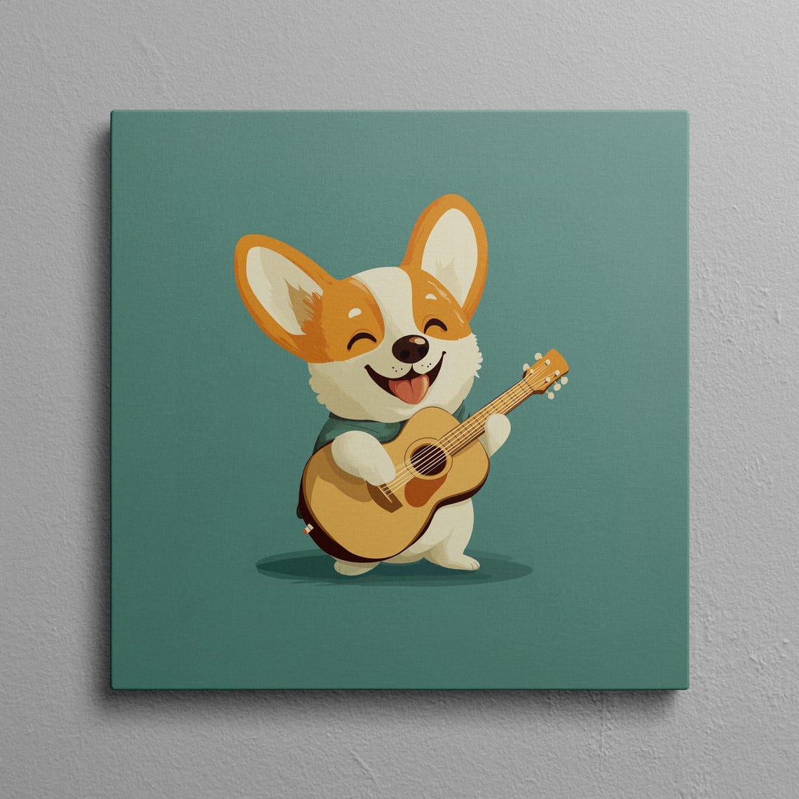 Happy Corgi Playing Guitar On A Teal Background Cartoon Wall Art
