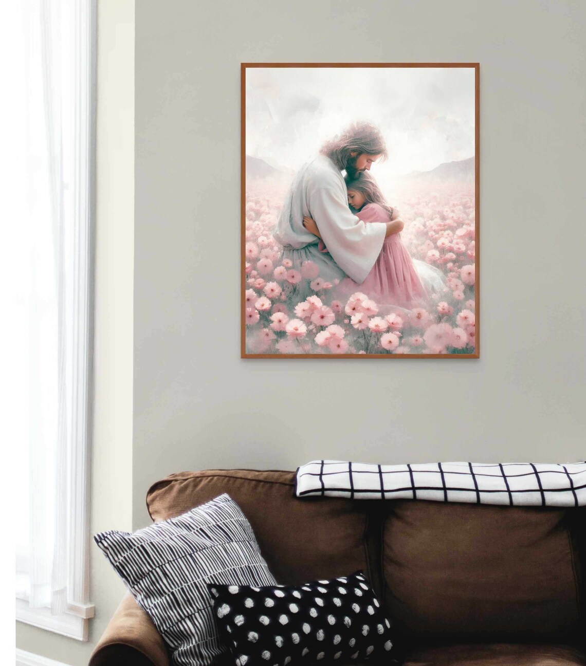 Jesus Embracing Little Girl Soft Pink Cosmos Flower Field Christian Poster - Image 2
