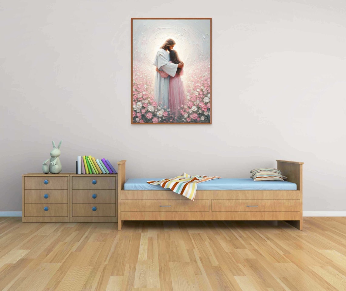 Jesus Christ Hugging Little Girl Amid Pink Blossoms Christian Poster