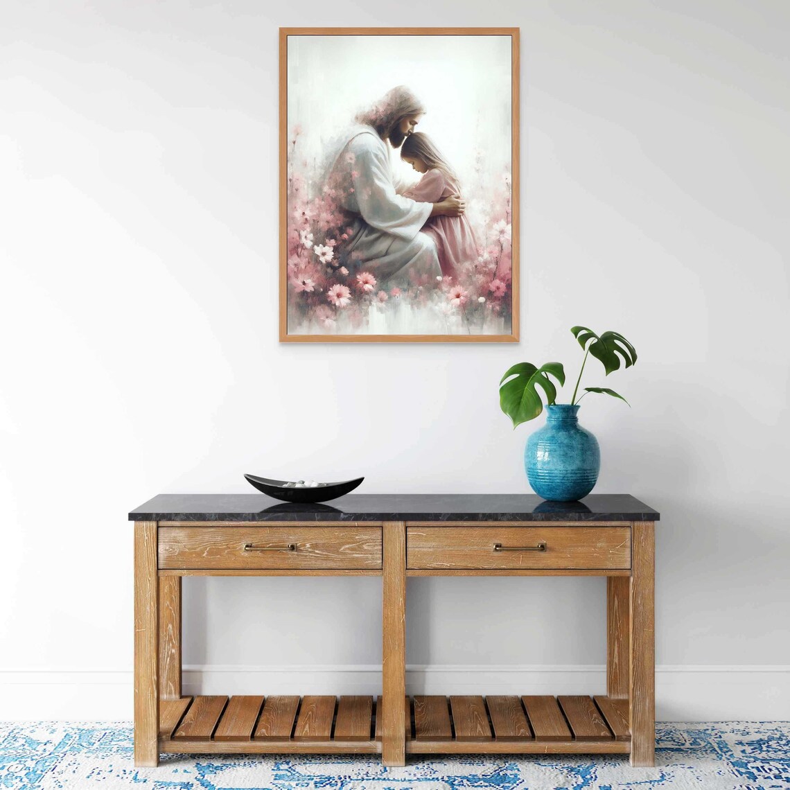 Jesus Embracing Girl Among Pink Blossoms Watercolor Art Poster - Image 5
