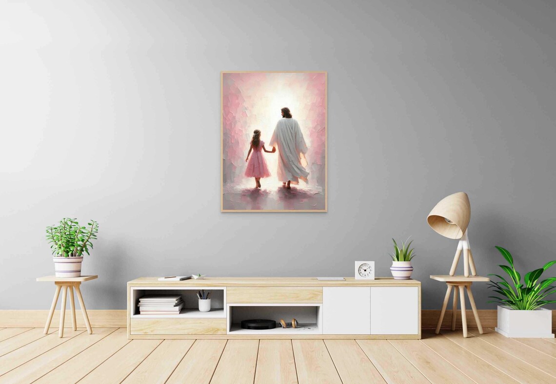 Jesus Walking Away With Girl Hand In Hand Pink Mist Light Christian Poster - Image 5