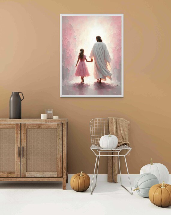 Jesus Walking Away With Girl Hand In Hand Pink Mist Light Christian Poster