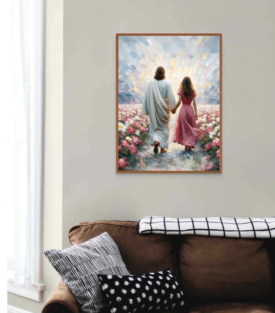 Jesus Walking Hand in Hand With Woman in Flower Field Art Poster - Image 3