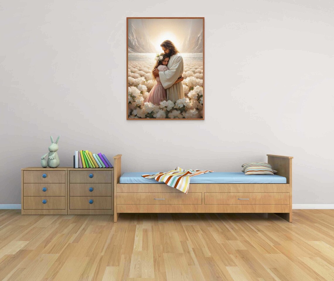 Jesus Hugging Girl Flower Crown White Flower Field Lake Christian Poster - Image 3