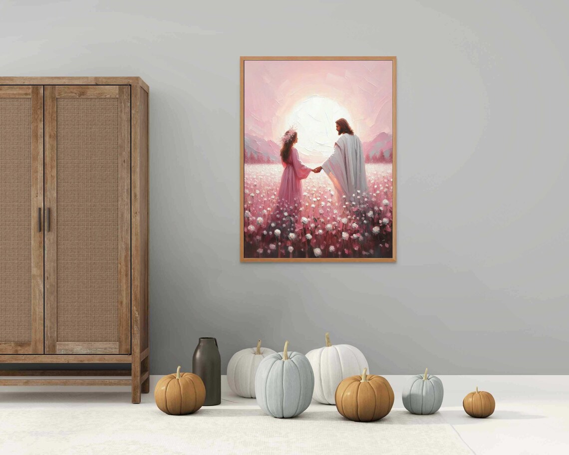 Jesus And Woman Holding Hands Pink Flower Field Big Sun Christian Poster - Image 3