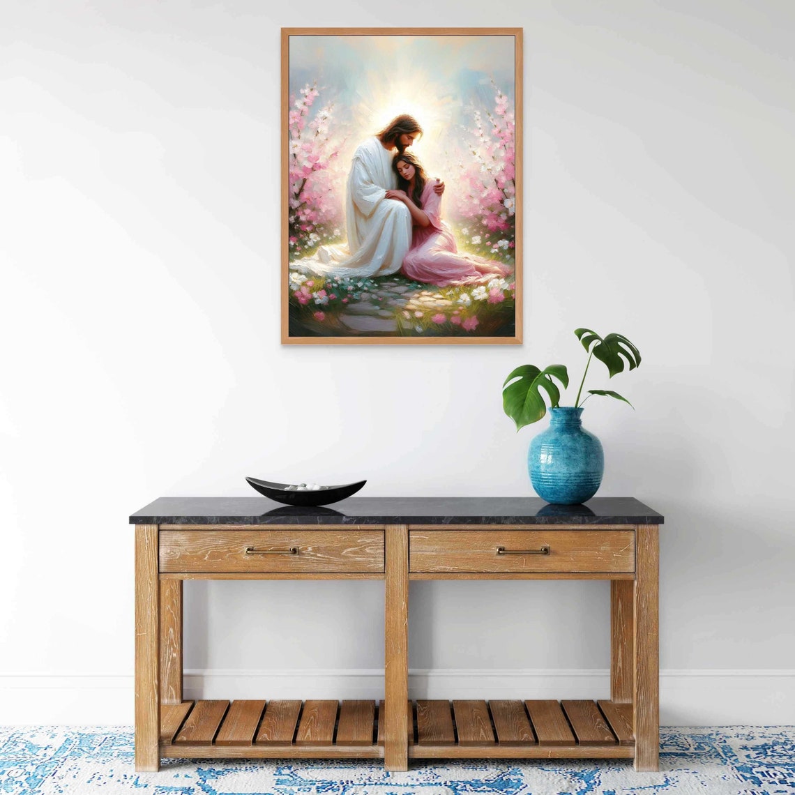 Jesus Comforting Woman Among Pink Cherry Blossom Trees Poster - Image 7
