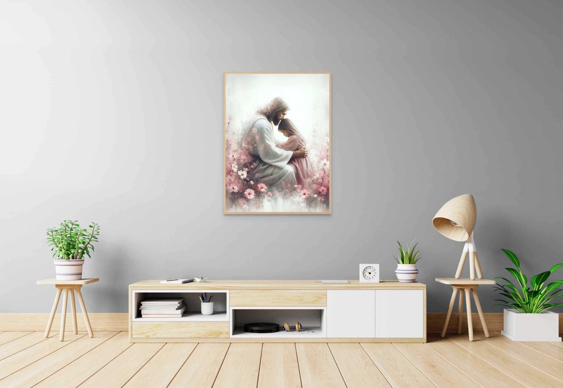 Jesus Embracing Girl Among Pink Blossoms Watercolor Art Poster - Image 6