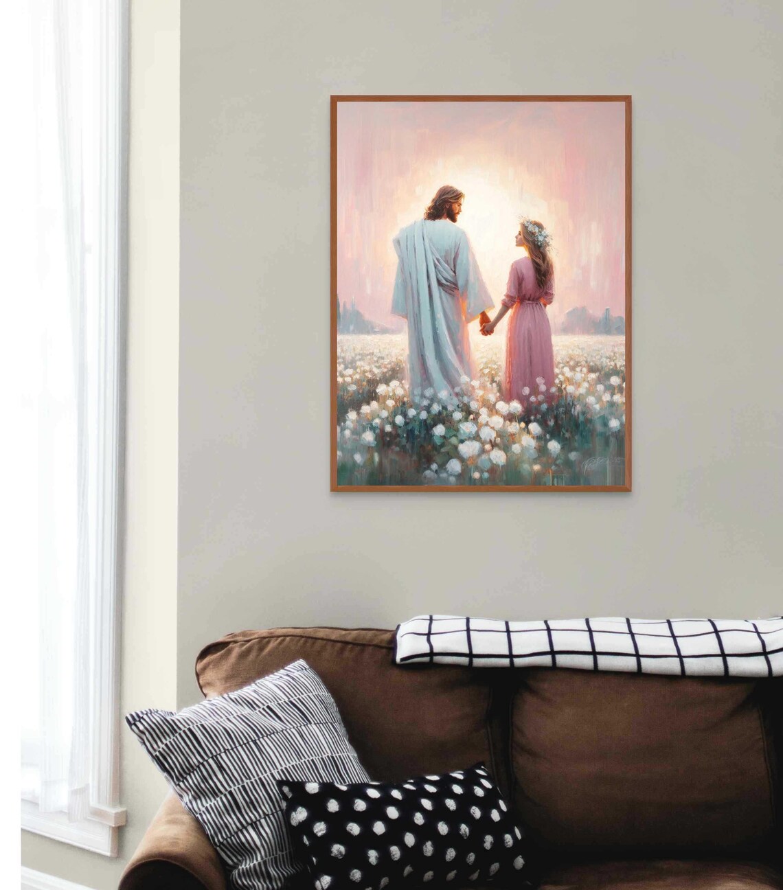 Jesus Holding Hands Woman White Flower Field Sunrise Moment Christian Poster - Image 4