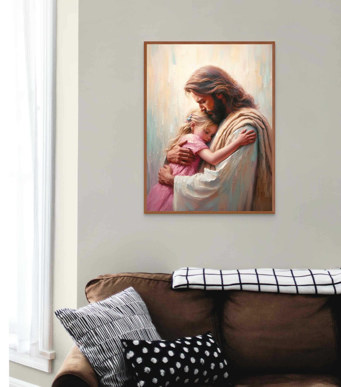 Jesus Embracing Young Girl in Pink Dress Pastel Impasto Poster - Image 4