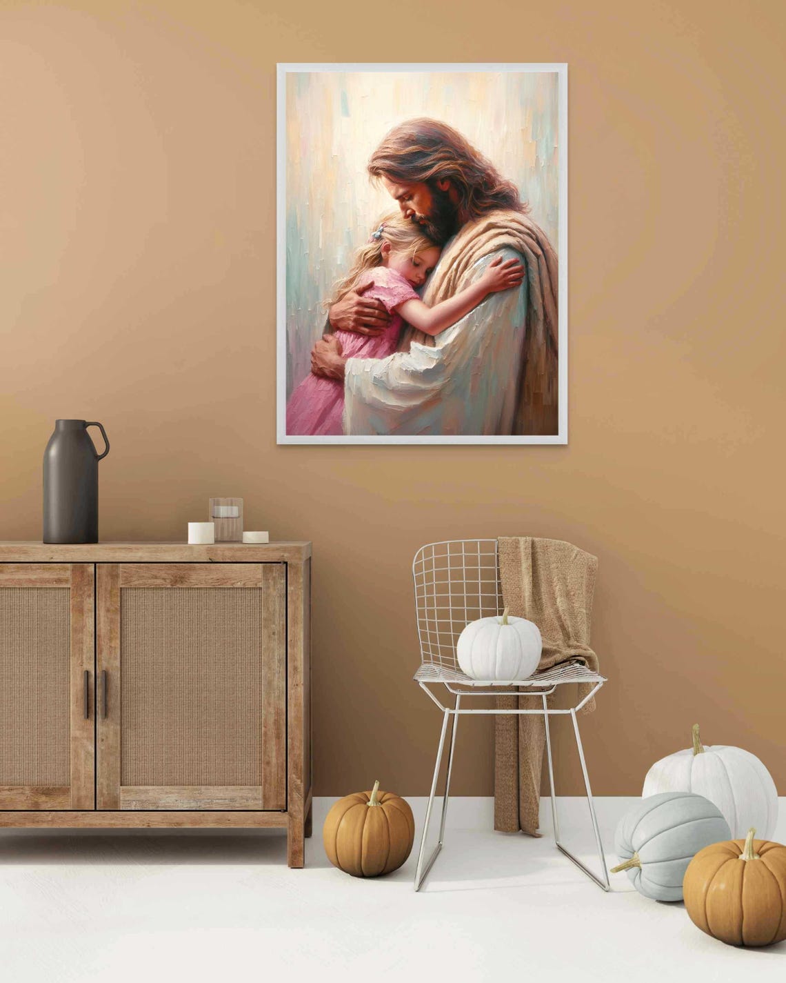 Jesus Embracing Young Girl in Pink Dress Pastel Impasto Poster - Image 2