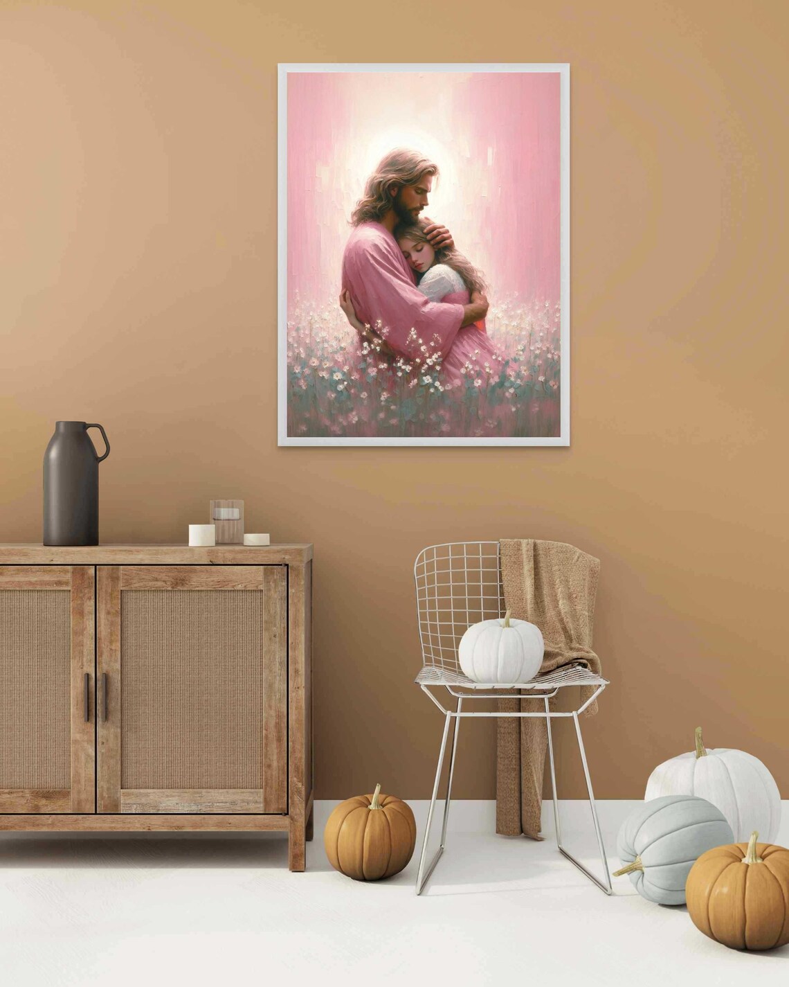 Jesus Embracing Girl in Wildflower Meadow Pink Robe Art Poster - Image 2