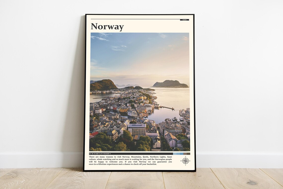 Norway Coastal Fjord Town Aerial View Golden Hour Photography Poster