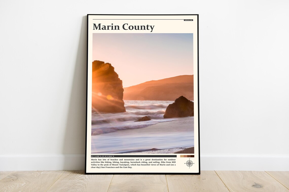 Marin County Golden Beach Sunset Glow California Travel Poster