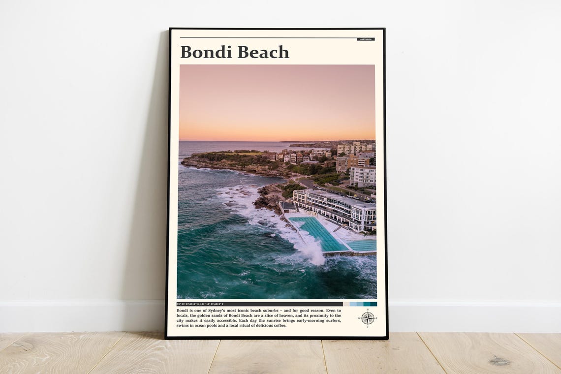 Bondi Beach Australia Sunset Aerial Ocean Pool Coastal Travel Poster