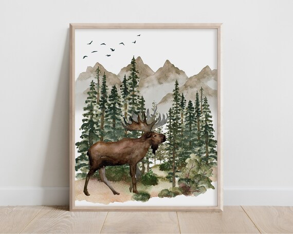 Wildlife Art Watercolor Landscape Painting Cabin Decor Nature Lover Gift Moose Antlers Mountain Wilderness Forest Evergreen Trees Pine