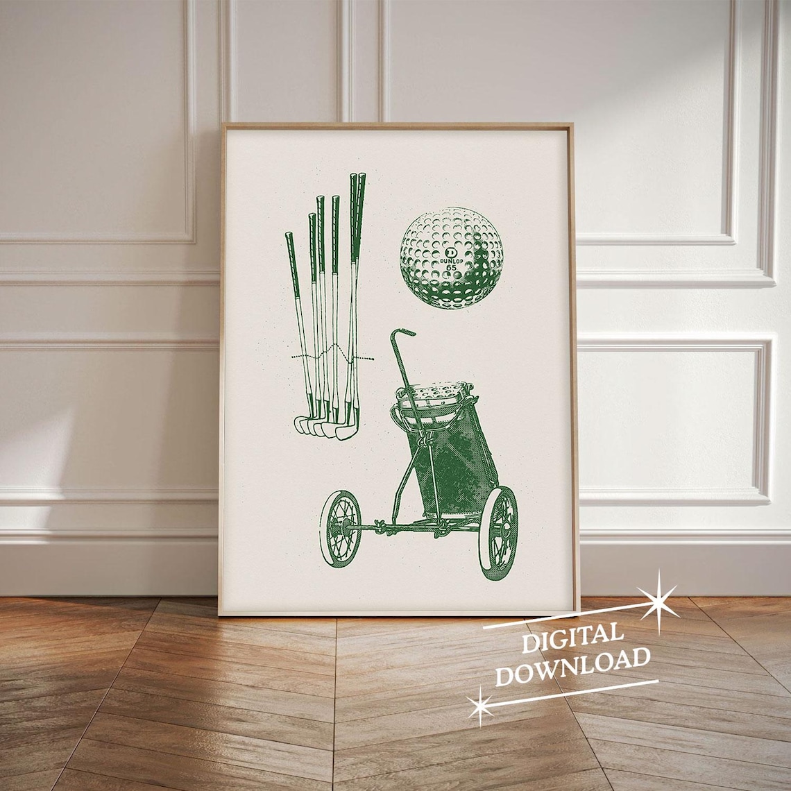 Vintage Golf Clubs Dunlop 65 Ball Cart Bag Green Sketch Poster