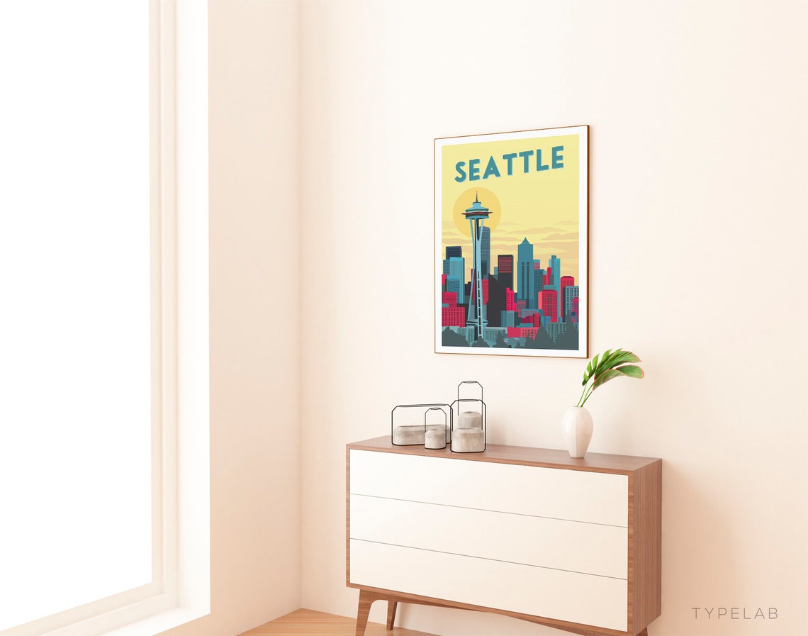 Seattle Space Needle Sunset Skyline Retro Washington Travel Poster - Image 2