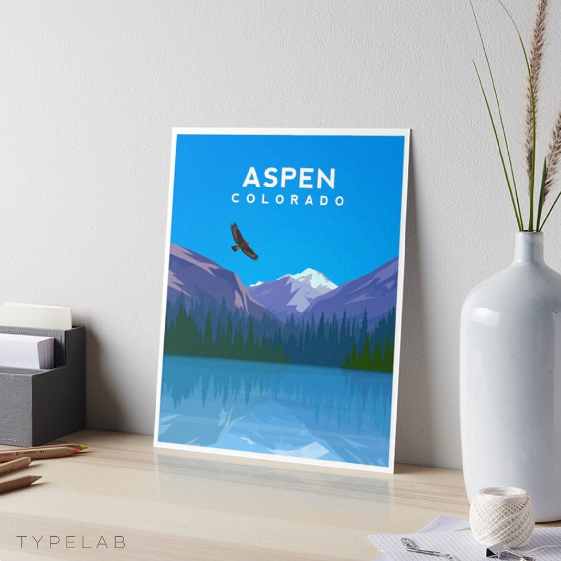 Aspen Colorado Mountain Lake Eagle Illustrated Travel Poster