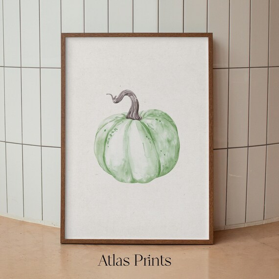 Watercolor Green Pumpkin Minimalist Fall Kitchen Decor Art Poster