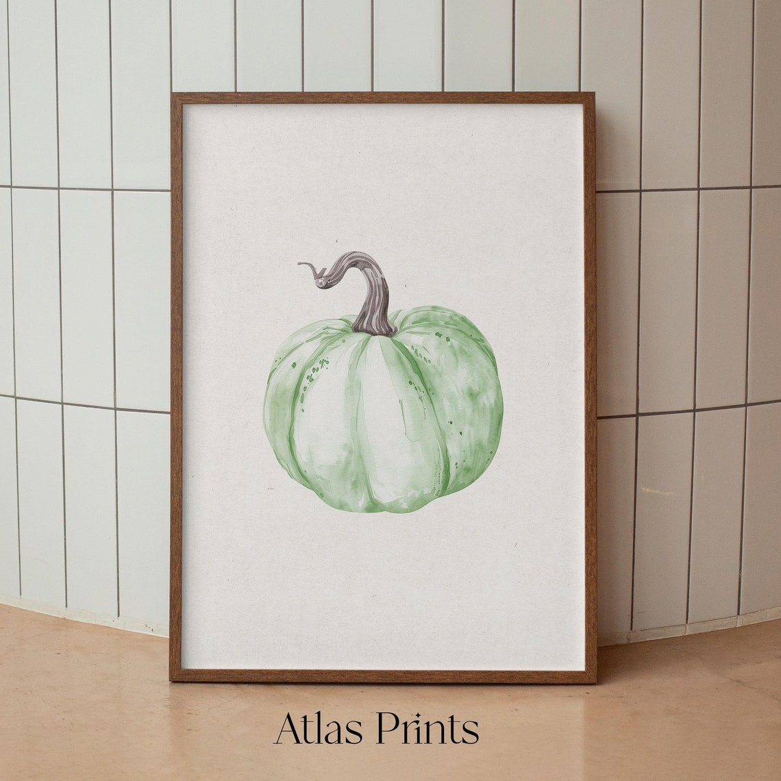 Watercolor Green Pumpkin Minimalist Fall Kitchen Decor Art Poster