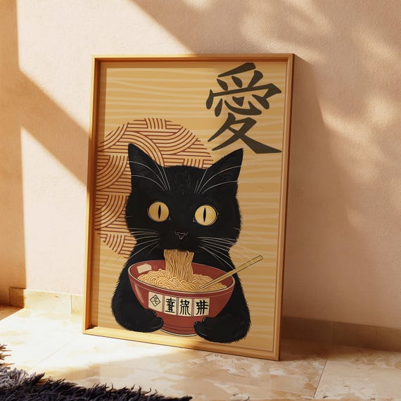 Japanese Style Ramen Cat Art Print, Funky Noodles
