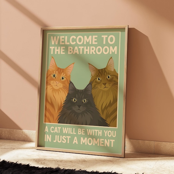 Welcome To The Bathroom Print Poster Funny Cat Wall Art Lovers Gift Vintage Home Decor Black