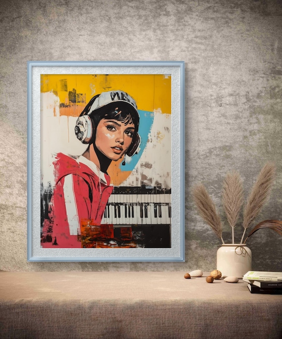 Headphone Woman at Keyboard Colorful Pop Art Music Portrait Poster
