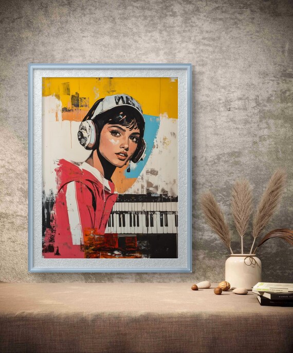 Retro Pop Art Girl With Headphones Colorful Music Studio Print