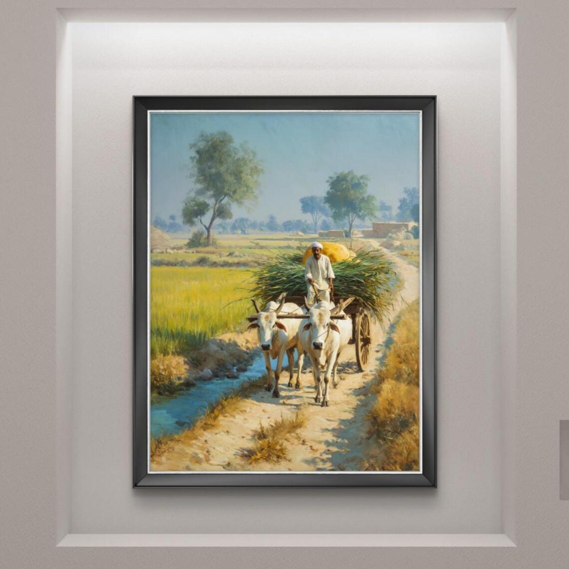 Punjab Bullock Cart Rural India Oil Painting Farmer Scene Poster