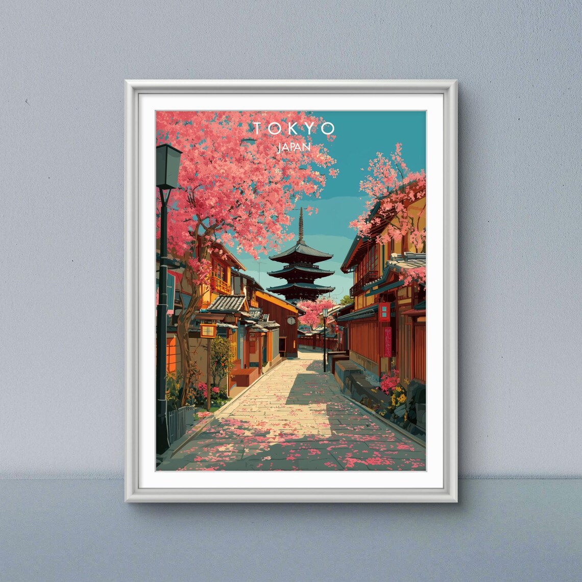 Tokyo Japan Cherry Blossom Pagoda Old Street Scene Travel Poster