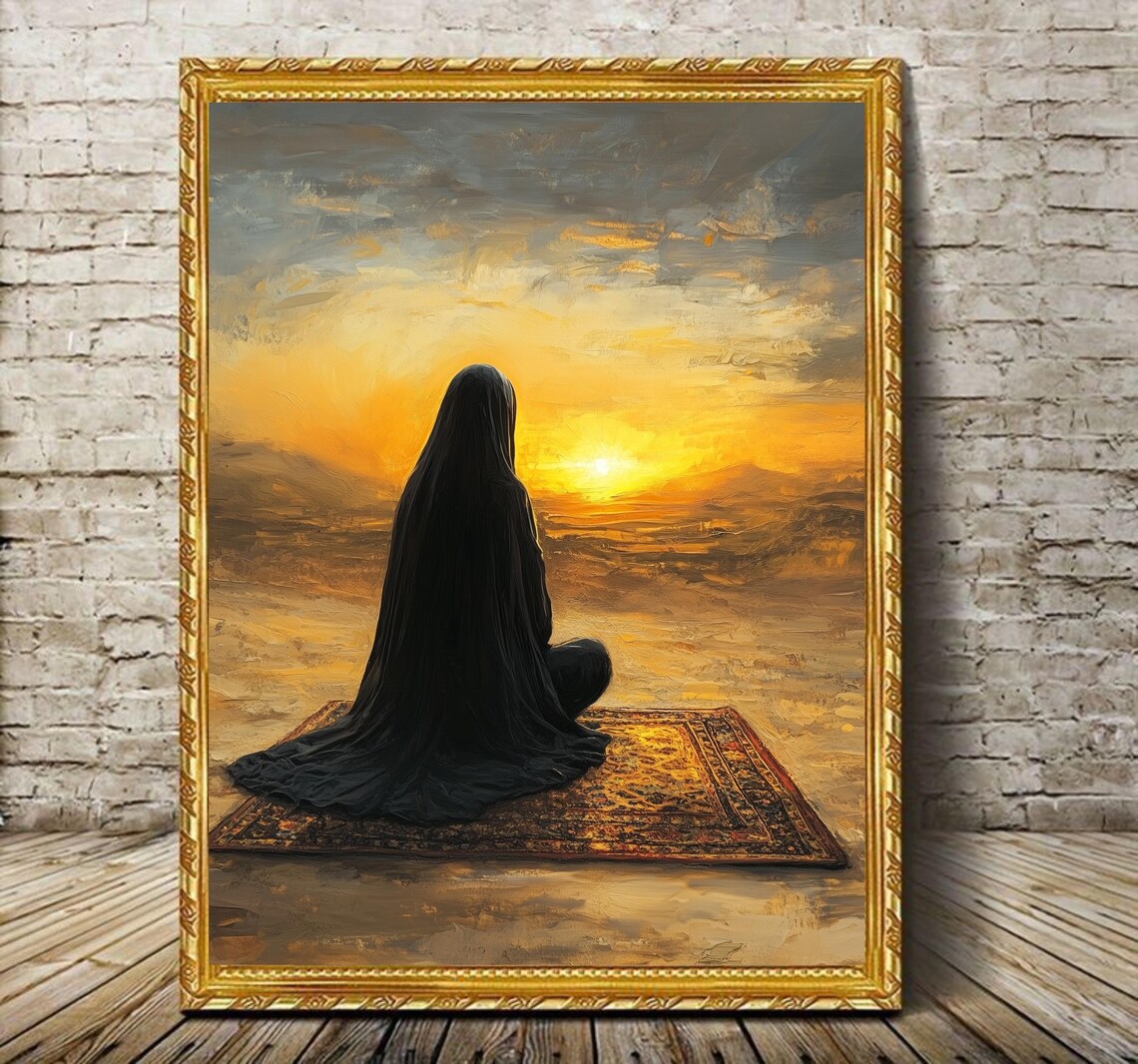 Muslim Woman Praying at Golden Desert Sunset Islamic Art Poster