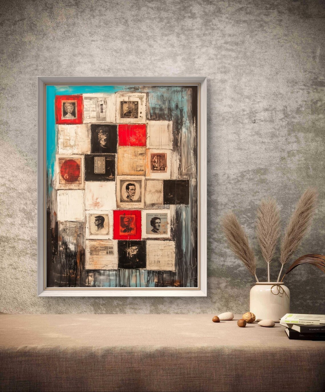 Retro Postage Stamp Grid Collage Teal Abstract Mixed Media Art Print