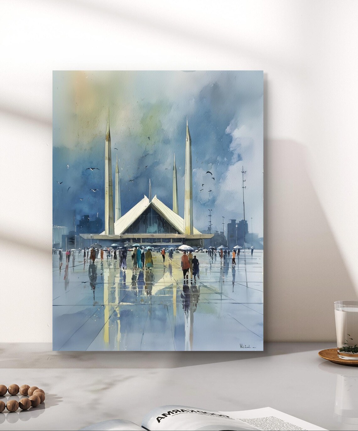 Faisal Mosque Islamabad Watercolor Print Rainy Plaza Reflection Art