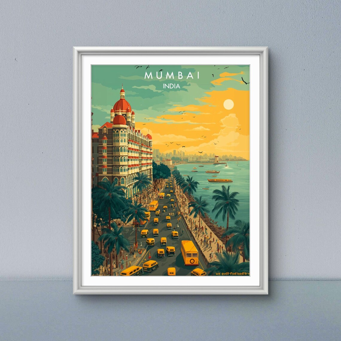 Mumbai India Retro Travel Poster Taj Palace Marine Drive Taxis Scene