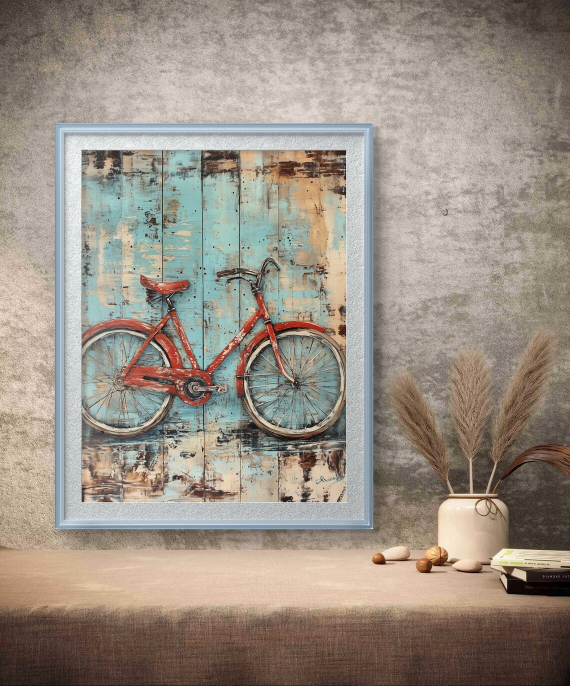 Vintage Red Bicycle Distressed Teal Wood Rustic Farmhouse Poster