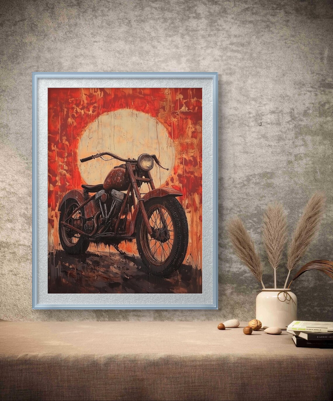 Vintage Motorcycle Sunset Chopper Retro Bike Garage Art Poster