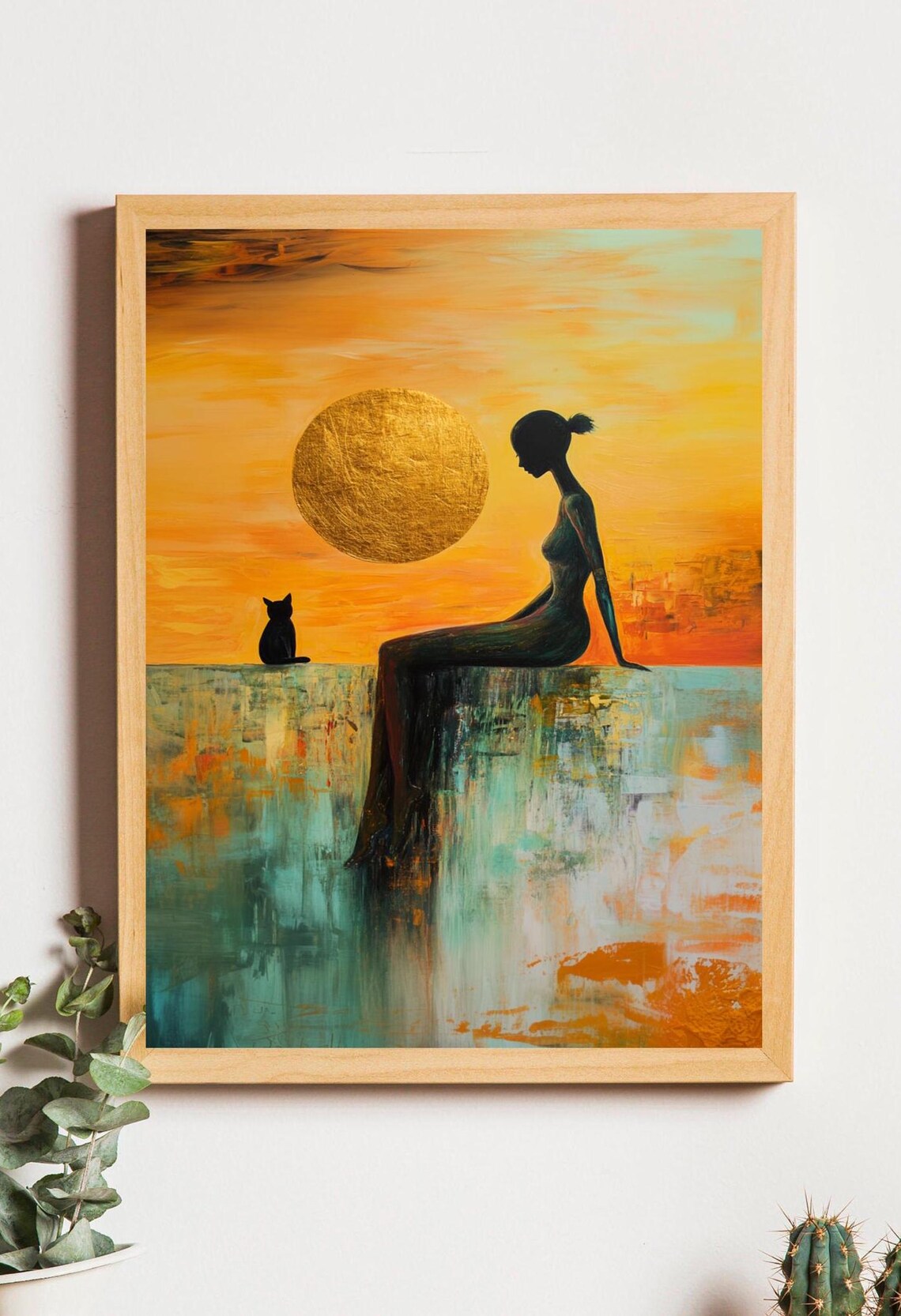 Mystical Cat Sunset Silhouette, Boho Wall Art Print