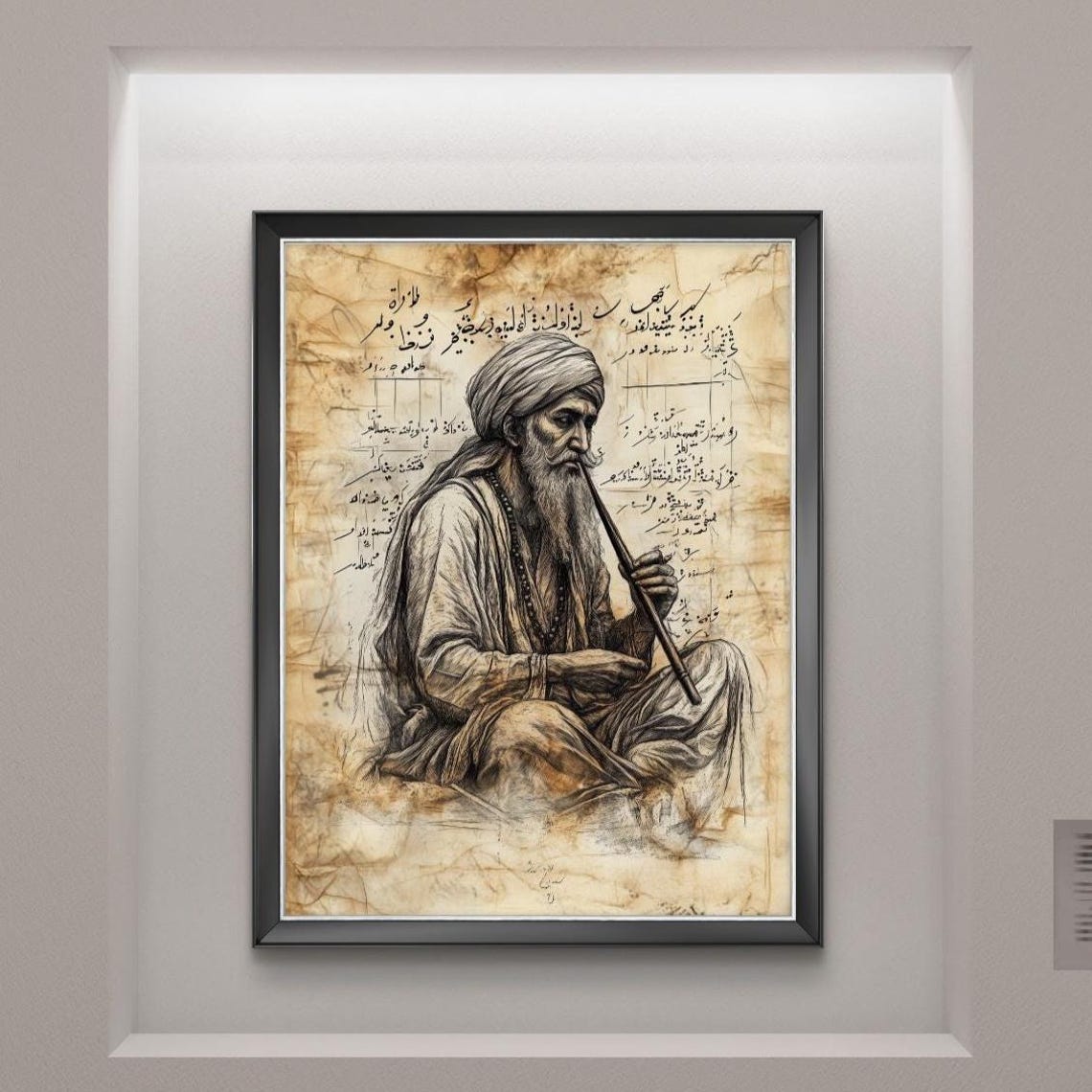 Sufi Dervish Ney Flute Player Islamic Calligraphy Sepia Art Poster